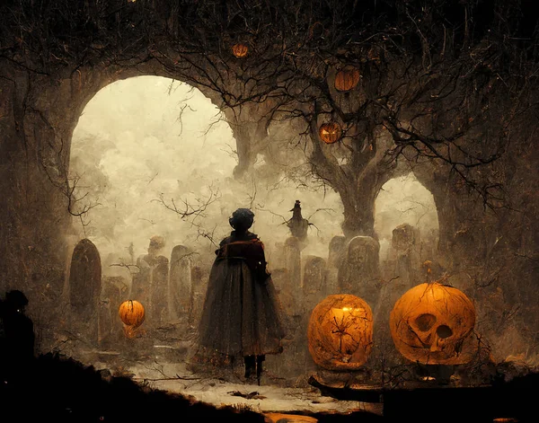 Halloween Background Spooky Forest Pumpkin Graveyard — Foto de Stock