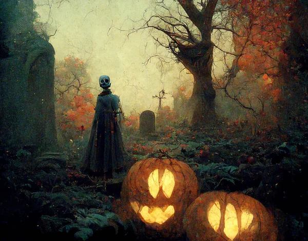 Halloween Background Spooky Forest Pumpkin Graveyard — Photo