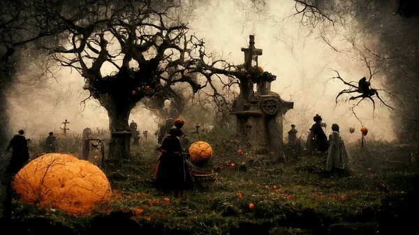 Halloween Background Spooky Forest Pumpkin Graveyard — Stock fotografie