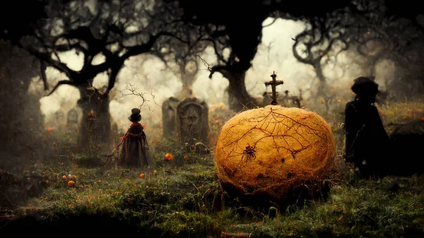 Halloween Background Spooky Forest Pumpkin Graveyard — Stock Fotó