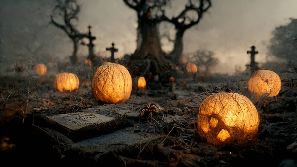 Halloween Background Spooky Forest Pumpkin Graveyard — Stockfoto