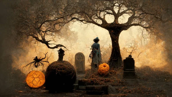 Halloween Background Spooky Forest Pumpkin Graveyard — Foto de Stock