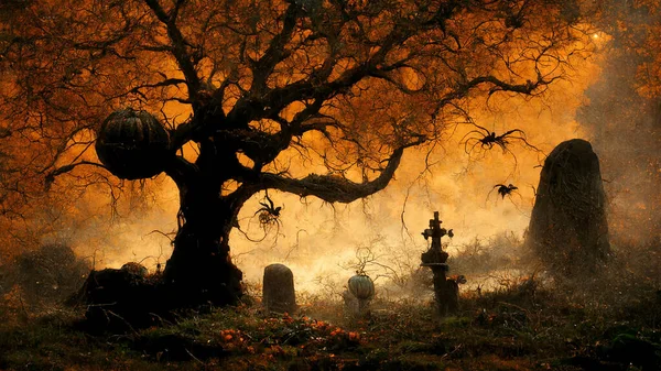 Halloween Background Spooky Forest Pumpkin Graveyard — Stock Fotó