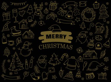 Mutlu noel öğeleri ve karalama tarzında semboller..