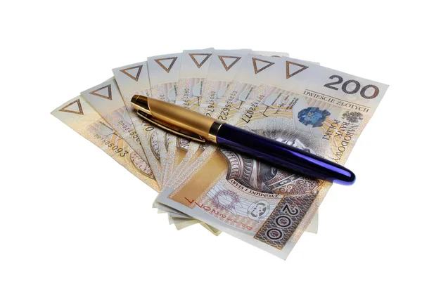 Polish money salary and a pen isolated — Stock Photo, Image