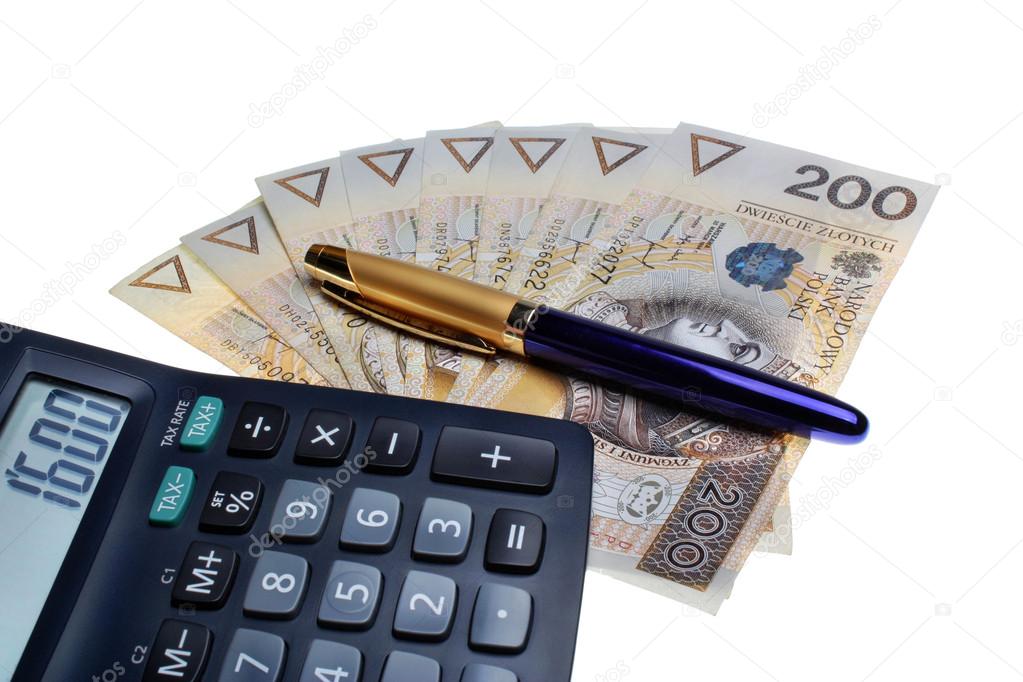 Polish money salary calculator and a pen