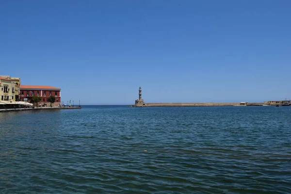 Deniz Feneri Chania Girit Haziran 2021 Chania Şehrindeki Muhteşem Deniz — Stok fotoğraf