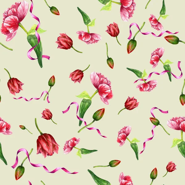 Watercolor Pattern Tulips Light Background Satin Ribbons Pattern Textiles Paper — Stock Photo, Image