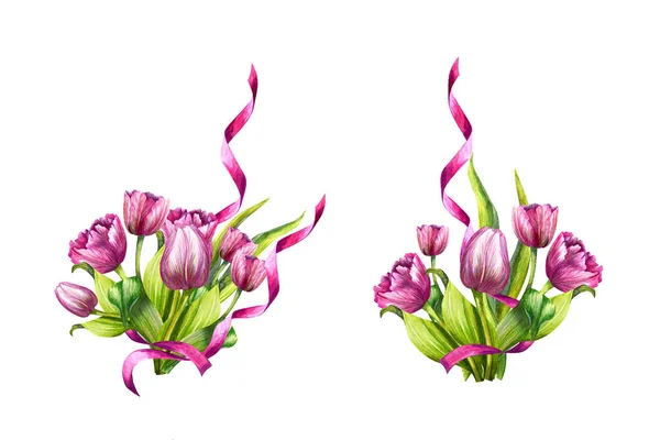 Composición Acuarela Tulipanes Con Cintas Raso Unas Vacaciones Ramo Para — Foto de Stock