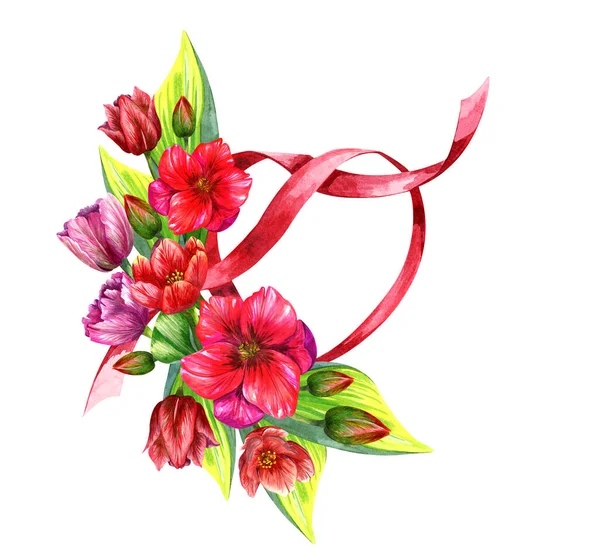Ramo de tulipanes. Ilustración en acuarela. Ilustración para postal, embalaje. — Foto de Stock
