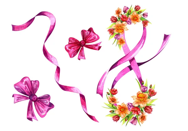 Cinta de tulipanes, narcisos. Ilustración en acuarela. Ilustración para postal, embalaje. — Foto de Stock
