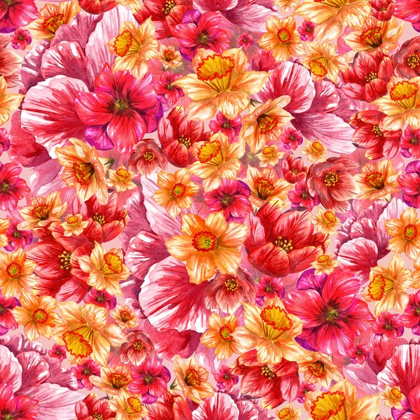 รูปแบบสีน้ํา, ทิวลิปและดอกแดฟโฟดิล, สีแนวโน้มฤดูใบไม้ผลิ รูปแบบไร้เย็บ . — ภาพถ่ายสต็อก