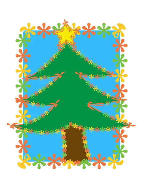 Illustration of Christmas tree silhouette with floral border — Stock Photo, Image