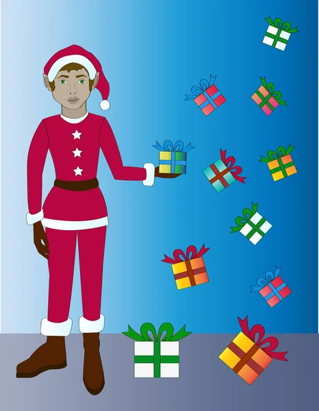 Christmas Elf with gifts — Stock Vector