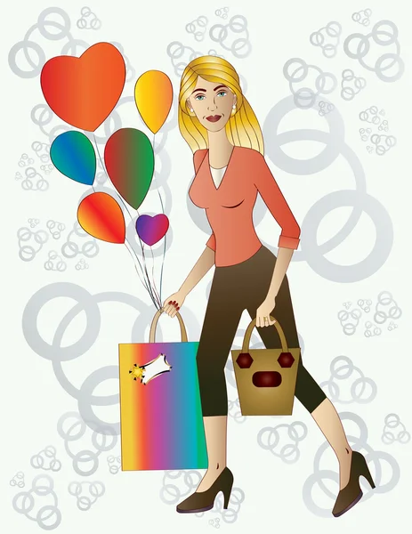 Beautiful blond woman with gift and balloons. — Stock Vector