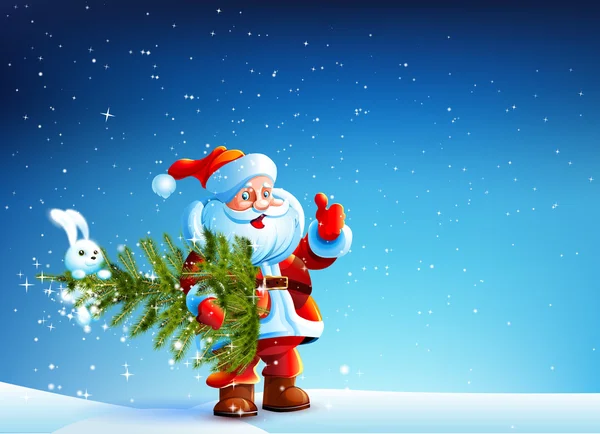 Papai Noel de pé na neve e mantém a árvore —  Vetores de Stock