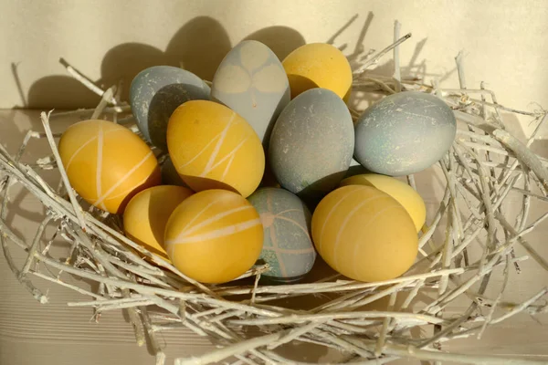 Ovos Páscoa Com Belo Padrão Ecológico Deitado Ninho Decorativo Varas — Fotografia de Stock