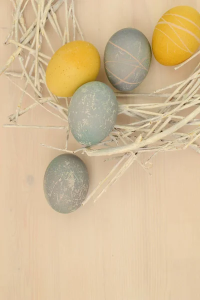 Easter Eggs Beautiful Eco Friendly Pattern Lying Decorative Nest White — Stock Photo, Image