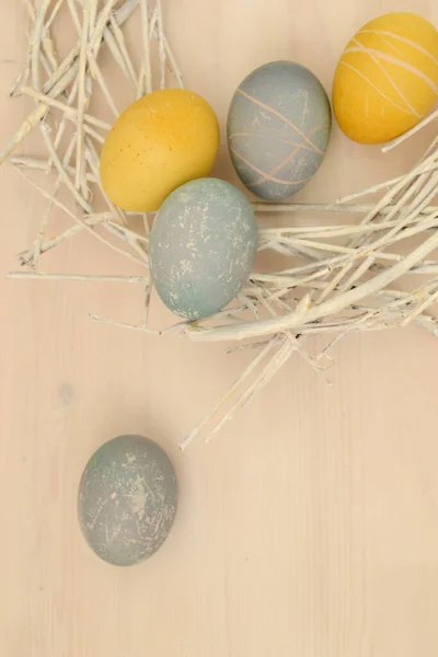 Easter Eggs Beautiful Eco Friendly Pattern Lying Decorative Nest White — Stock Photo, Image