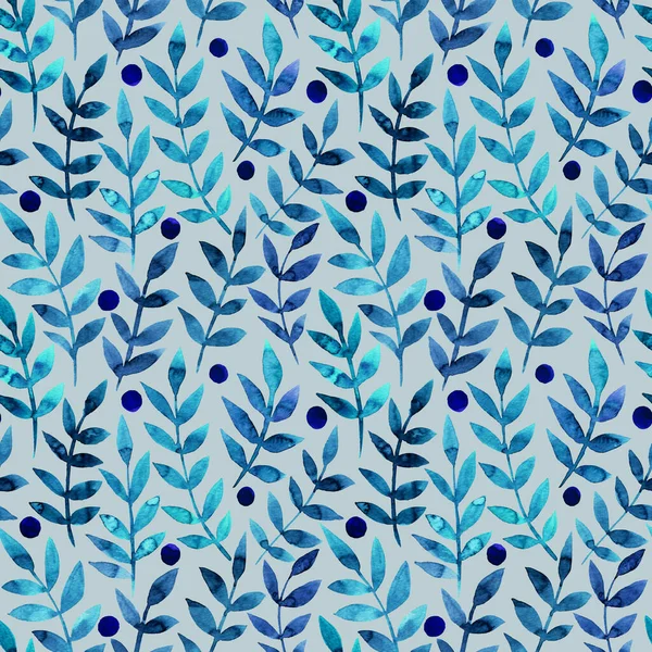 Kusursuz desenli, stilize yapraklı. Klasik mavi yapraklarla dolu uçsuz bucaksız bir desen. Duvar kağıdı için arka plan, tekstil baskısı. Mavi arkaplanda suluboya el çizimi.