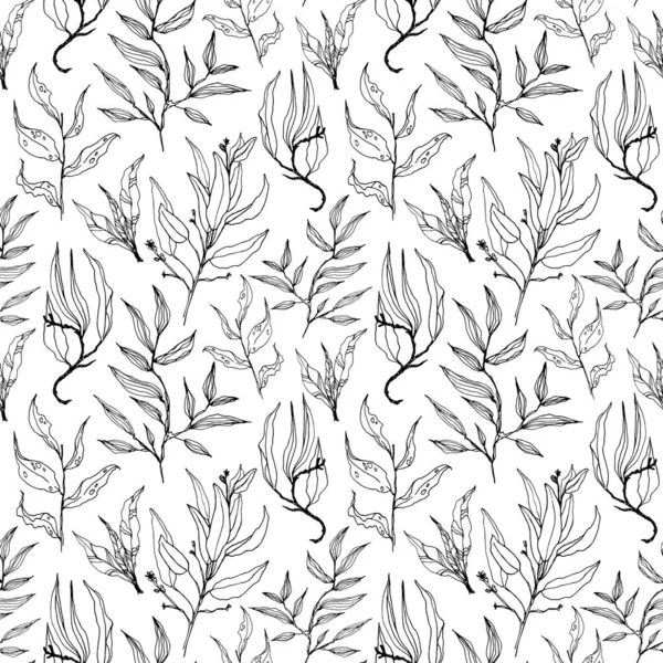 Płynny wzór ze stylizowanymi liśćmi. Kwiatowy niekończący się wzór wypełniony liśćmi monochromatycznymi. Świeże tło zieleni, tapety, druk tekstylny. — Zdjęcie stockowe