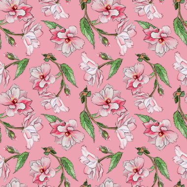 Pembe arka planda pembe çiçekli bahar Japon sakurası desenleri. El çizimi kiraz çiçekleri çiçek çizimi.