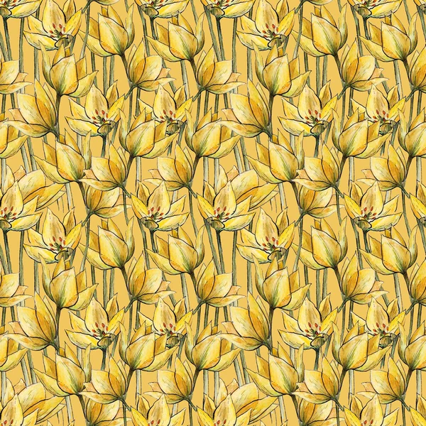 Patrón sin costuras con tulipanes amarillos sobre un fondo amarillo. Textura de tulipán floral acuarela. Patrón de primavera inconsútil colorido. — Foto de Stock