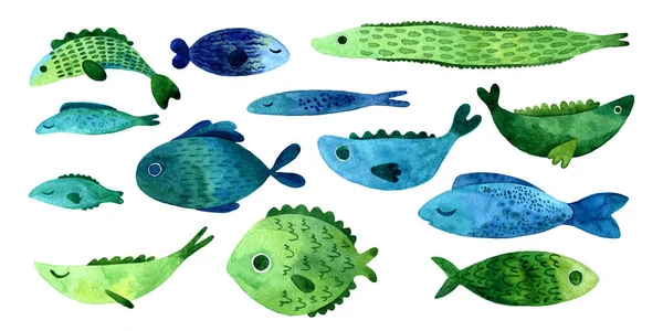 Okyanus suluboya balığı seti. Beyaz arka planda mavi ve yeşil şirin balıklar. Clipart koleksiyonu. Elle boyanmış resim.