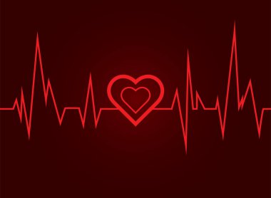 A red ECG line shows up and down with a red heart in the center of the image. placed on a red background