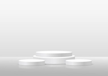 3D arka plan ürünleri beyaz. Ürünleri sergilemek için üç küreler var, hem yüksek hem düşük. Kozmetik ürünler vs. yerleştirebiliyoruz. Atmosfer gösterinin bir sahnesi olarak lüksü vurguluyor..