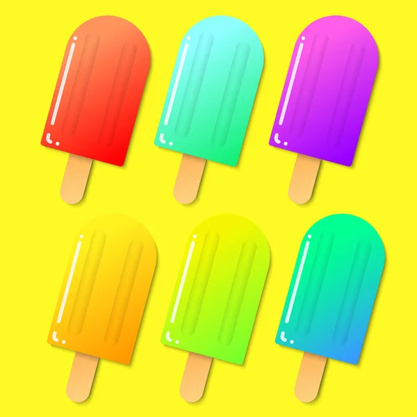 Set Popsicle Sticks Many Flavors Many Colors Filling Skewed Fruit — Stock Vector