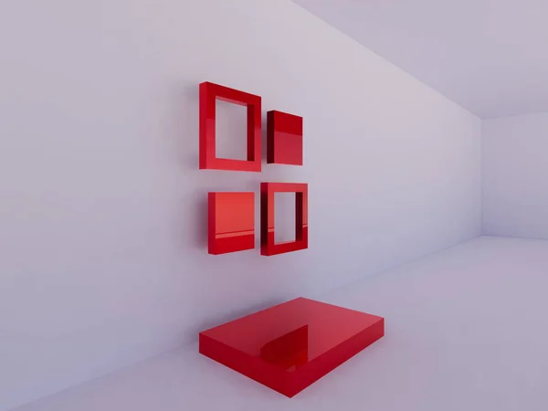 Rendering Product Stand Studio Red Boxes Red Photo Frames Too — Stock Photo, Image