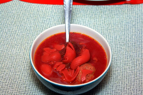 Borsch red with spaghetti — Stock Photo, Image