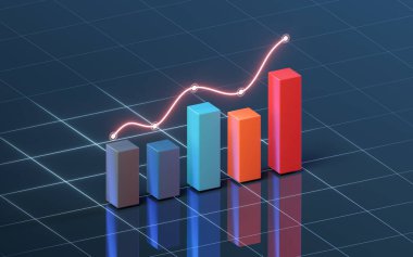Çubuk çizelgesi ve trend analizi, 3 boyutlu çizim. Bilgisayar dijital çizimi.