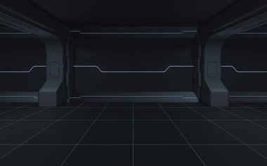 Fütüristik tünel ve boş oda, 3D görüntüleme. Bilgisayar dijital çizimi.