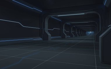 Geleceğin tüneli, fütüristik oda, 3D görüntüleme. Bilgisayar dijital çizimi.