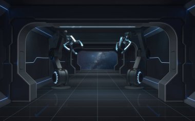 Karanlık fütüristik odada robotik kollar, üç boyutlu görüntüleme. Bilgisayar dijital çizimi.