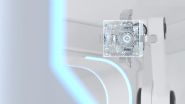 白い未来的な部屋のロボットアーム 3Dレンダリング — ストック動画
