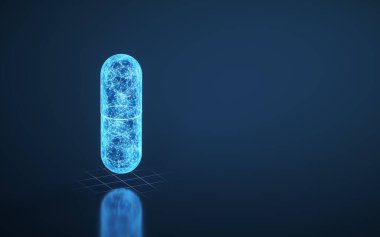 Kapsül ve mavi parlak çizgiler, 3D görüntüleme. Bilgisayar dijital çizimi.
