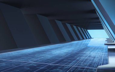 Geleceğin tüneli, fütüristik oda, 3D görüntüleme. Bilgisayar dijital çizimi.