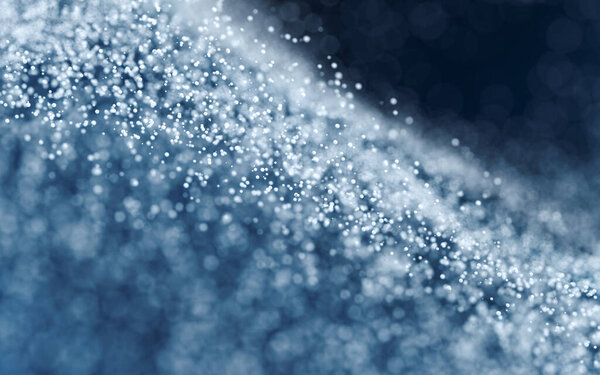 Colored particles with blue background, 3d rendering. Computer digital drawing.