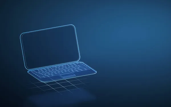 Laptop Linee Luminose Blu Con Sfondo Scuro Rendering Disegno Digitale — Foto Stock