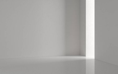 Beyaz boş oda, 3D görüntüleme. Bilgisayar dijital çizimi.