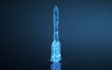 Mavi arka planı olan bir roket, 3 boyutlu. Bilgisayar dijital çizimi.