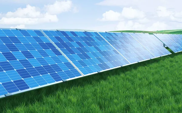 Güneş paneli, güneş enerjisi, 3 boyutlu görüntüleme. Bilgisayar dijital çizimi.