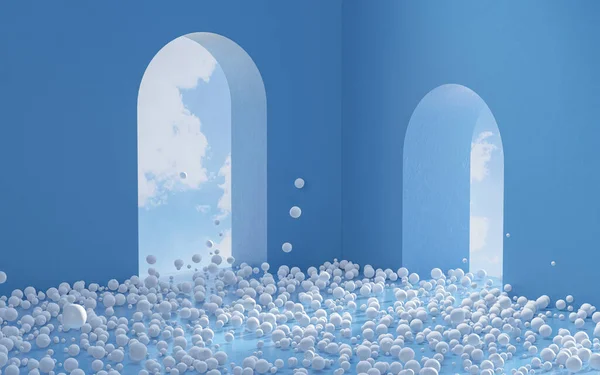 Багато Білих Кульок Синій Кімнаті Візуалізація Комп Ютерне Цифрове Креслення — стокове фото