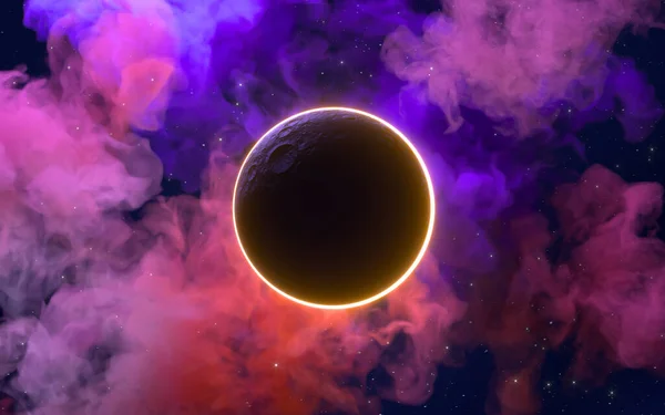 Nebulae and planet, 3d rendering. Computer digital drawing.