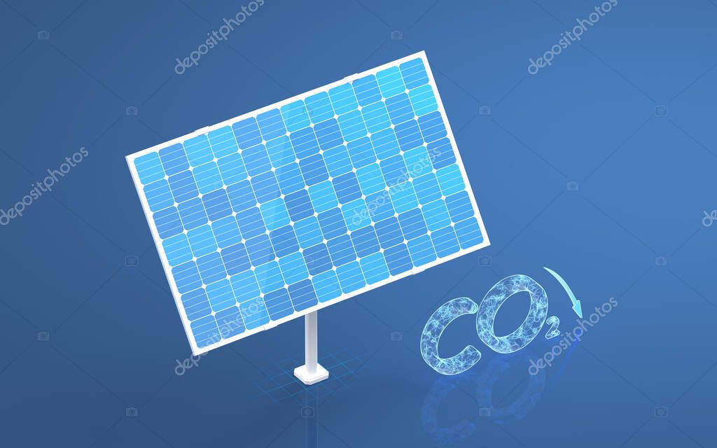 Panel solar, energía solar y dióxido de carbono, renderizado 3d. Dibujo  digital informático. 2023