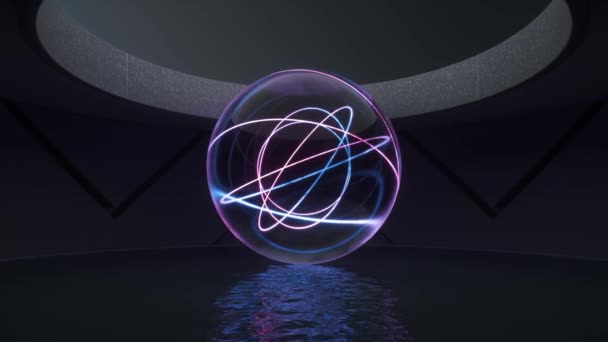 Zářící Neonové Čáry Skleněná Koule Plovoucí Vodě Vykreslování — Stock video