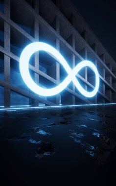 Binaların beton yapısı ve neon hatları, üç boyutlu görüntüleme. Bilgisayar dijital çizimi.